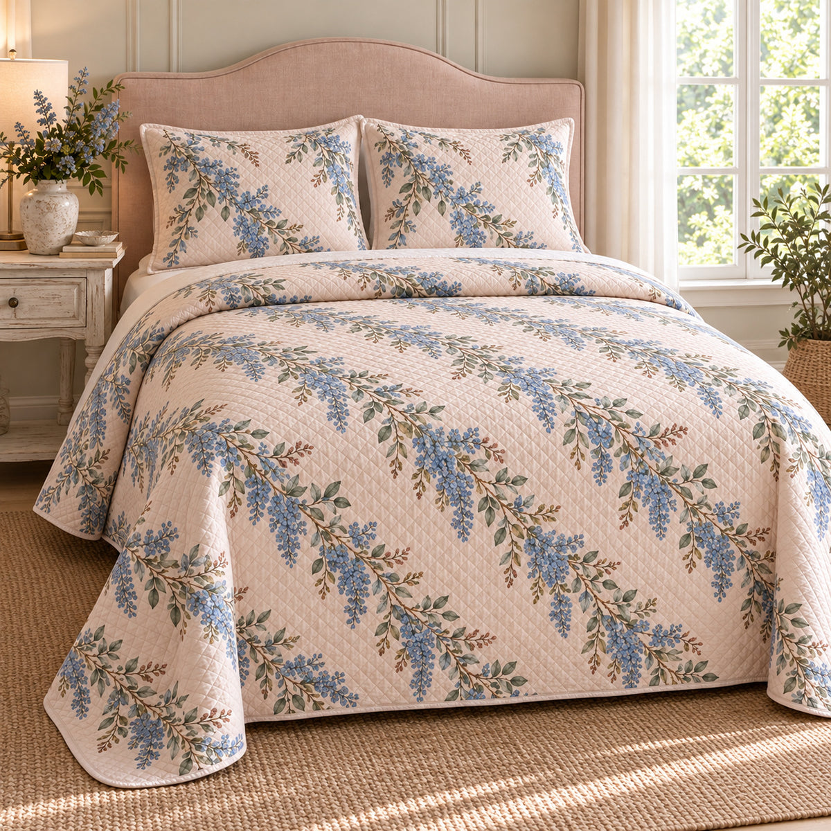 California lilac quilt set, alternate bedroom view with blue garland print and diamond stitching, AI-generated mockup