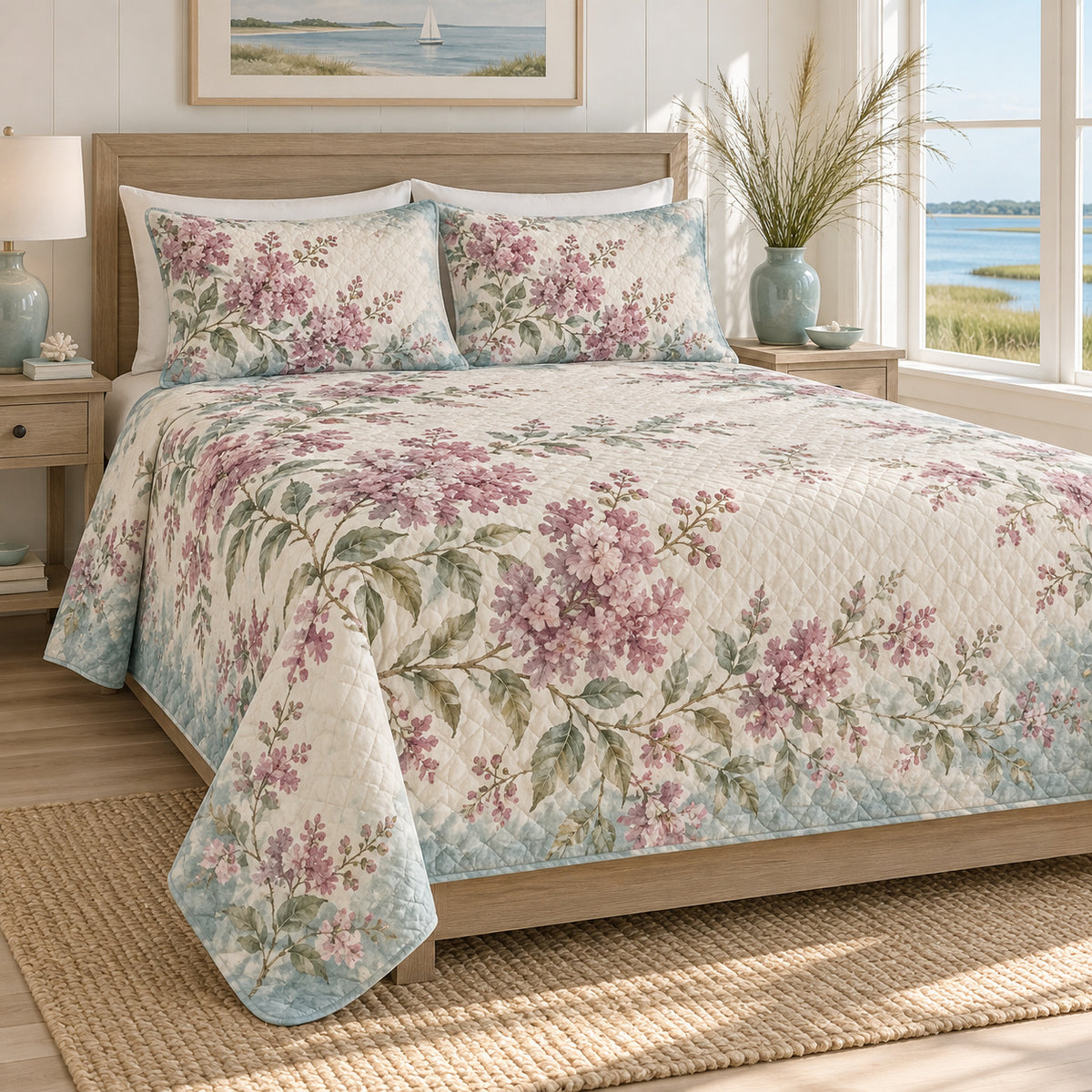 Crape Myrtle coastal sea glass quilt set, front view, watercolor mauve blossoms and diamond quilting, AI-generated mockup