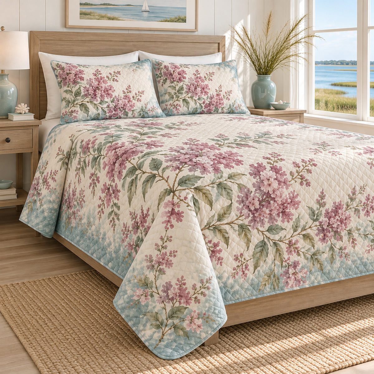 Crape Myrtle coastal sea glass quilt set, left oblique view, matching watercolor floral print and diamond quilting, AI-generated mockup