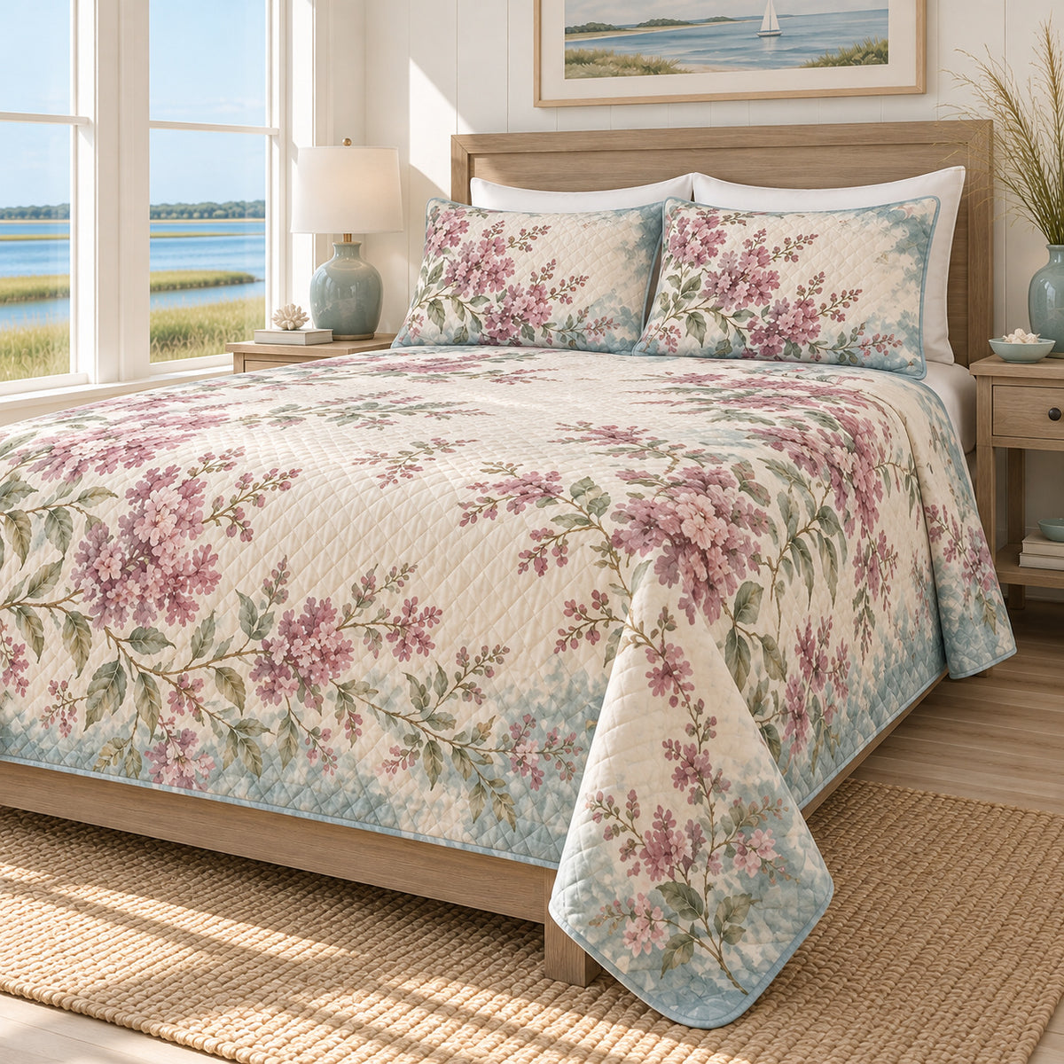 Crape Myrtle coastal sea glass quilt set, right oblique view, matching watercolor floral print and diamond quilting, AI-generated mockup