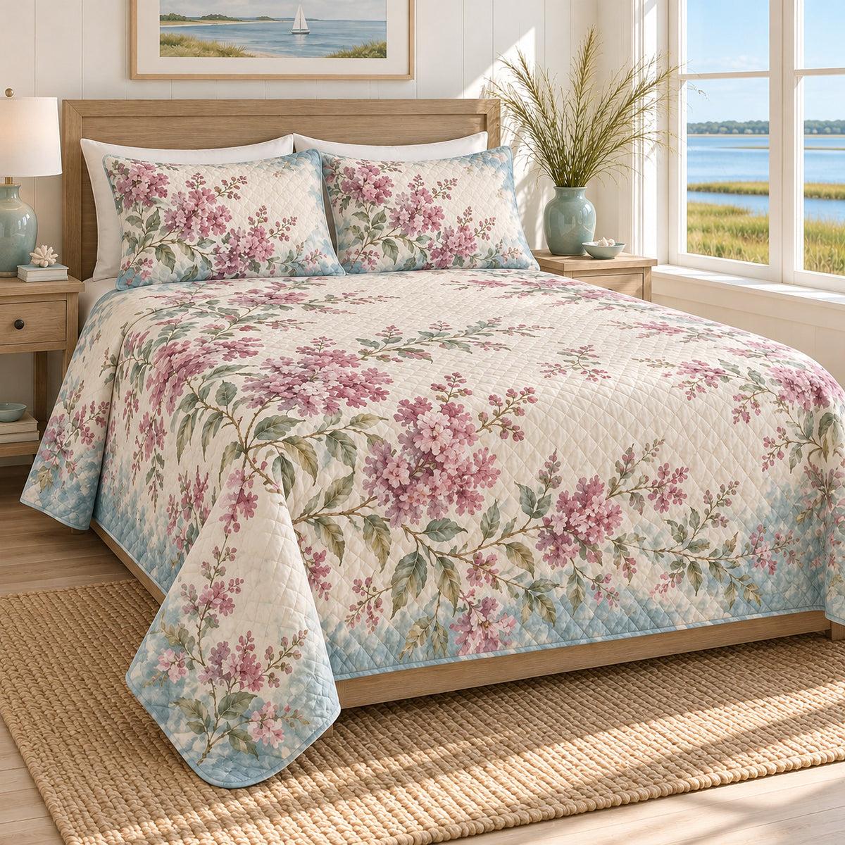 Crape Myrtle coastal sea glass quilt set, alternate bedroom view, matching watercolor floral print and diamond quilting, AI-generated mockup