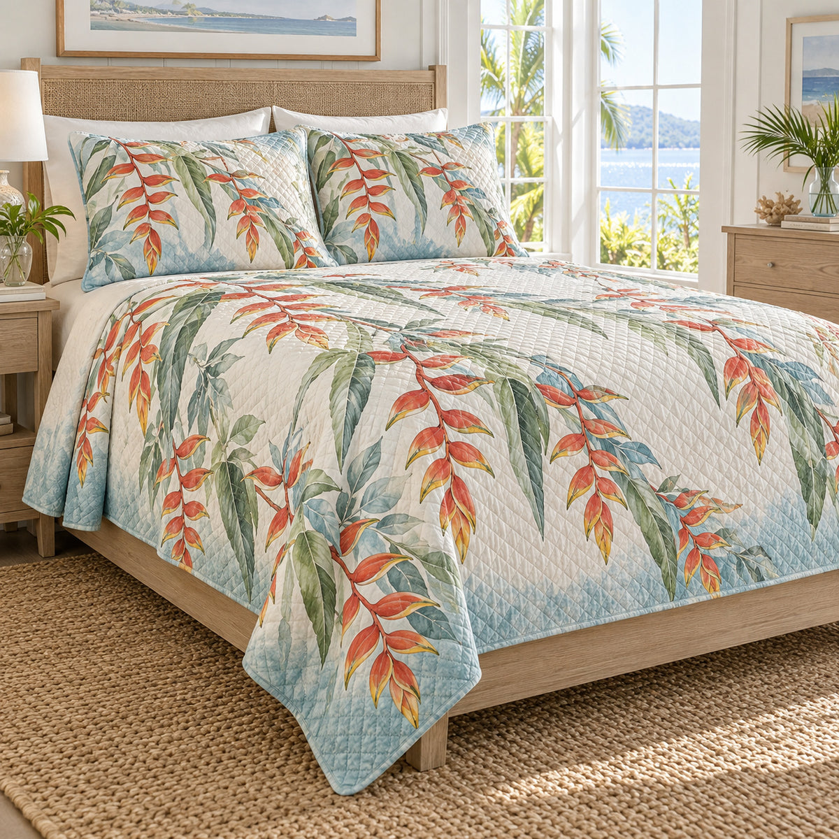 Heliconia coastal sea glass quilt set, front bedroom view, orange coral tropical flowers and diamond quilting, AI-generated mockup