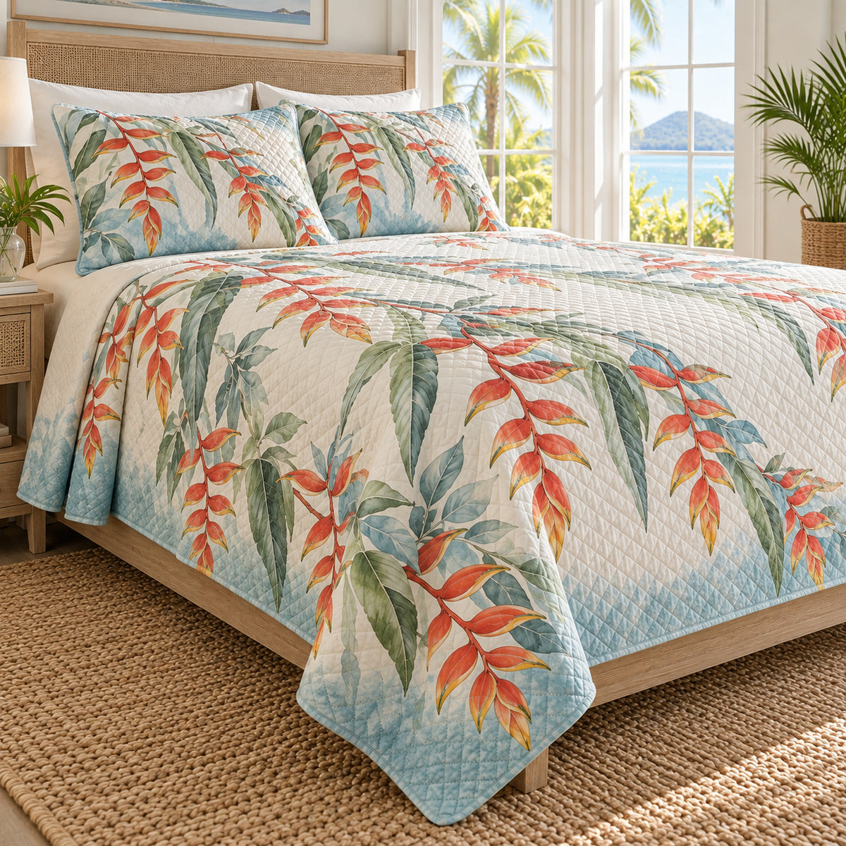 Heliconia coastal sea glass quilt set, left bedroom view, orange coral tropical flowers and diamond quilting, AI-generated mockup