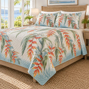 Heliconia coastal sea glass quilt set, right bedroom view, orange coral tropical flowers and diamond quilting, AI-generated mockup