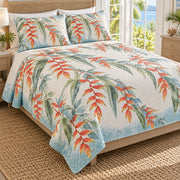 Heliconia coastal sea glass quilt set, alternate bedroom view, orange coral tropical flowers and diamond quilting, AI-generated mockup