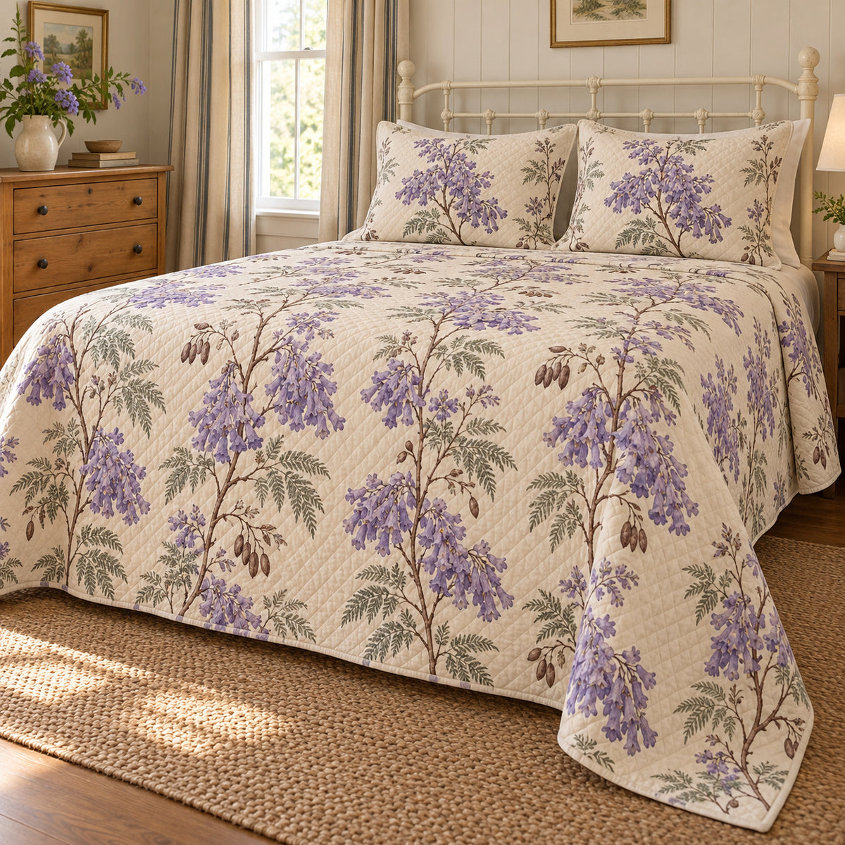 Jacaranda orchard blossom quilt set, front bedroom view, lavender flowering branches and diamond quilting, AI-generated mockup