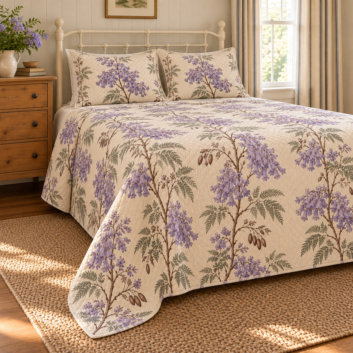 Jacaranda orchard blossom quilt set, left bedroom view, lavender flowering branches and diamond quilting, AI-generated mockup