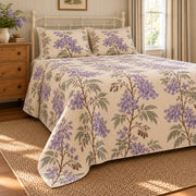Jacaranda orchard blossom quilt set, left bedroom view, lavender flowering branches and diamond quilting, AI-generated mockup