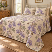 Jacaranda orchard blossom quilt set, right bedroom view, lavender flowering branches and diamond quilting, AI-generated mockup