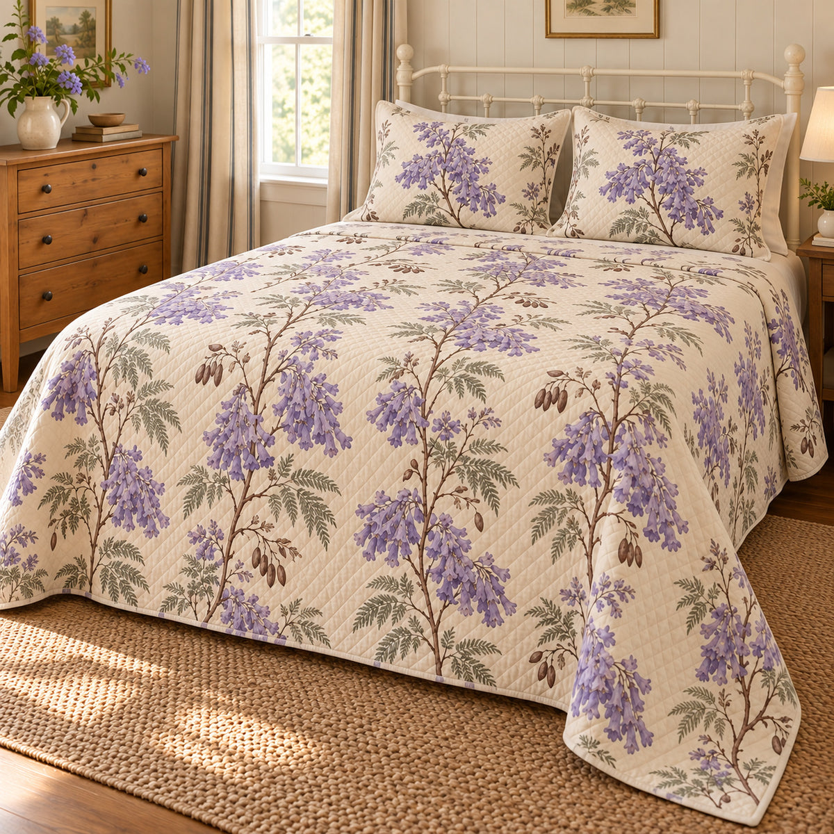Jacaranda orchard blossom quilt set, alternate bedroom view, lavender flowering branches and diamond quilting, AI-generated mockup