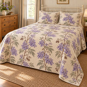 Jacaranda orchard blossom quilt set, alternate bedroom view, lavender flowering branches and diamond quilting, AI-generated mockup