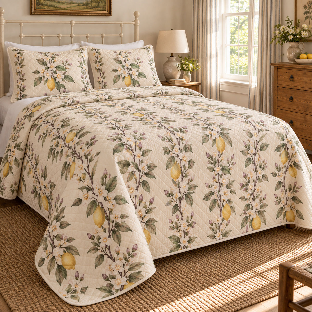 Lemon Blossom orchard quilt set, right bedroom view, white lemon flowers and fruit with diamond quilting, AI-generated mockup
