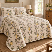 Lemon Blossom orchard quilt set, right bedroom view, white lemon flowers and fruit with diamond quilting, AI-generated mockup