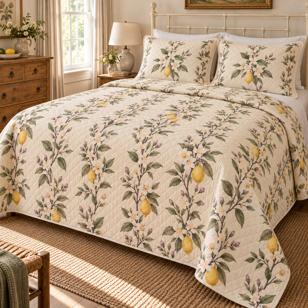 Lemon Blossom orchard quilt set, alternate bedroom view, white lemon flowers and fruit with diamond quilting, AI-generated mockup