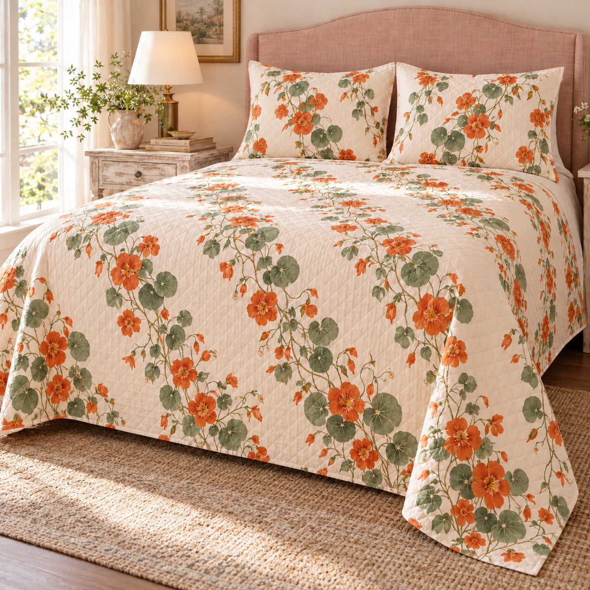 Nasturtium trailing garland quilt set, front bedroom view, orange flowers without decorative border and with diamond quilting, AI-generated mockup