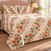 Nasturtium trailing garland quilt set, left bedroom view, orange flowers without decorative border and with diamond quilting, AI-generated mockup