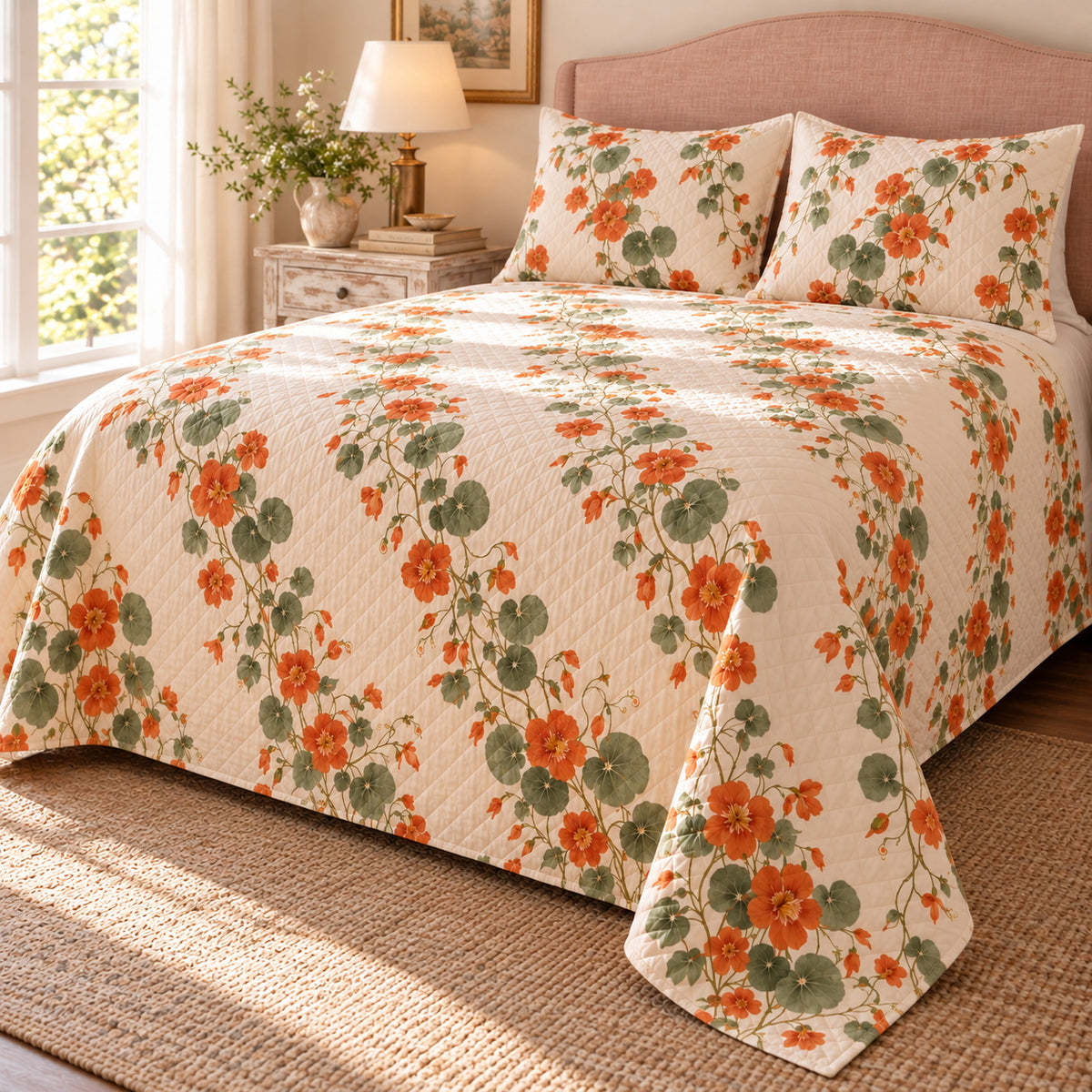 Nasturtium trailing garland quilt set, right bedroom view, orange flowers without decorative border and with diamond quilting, AI-generated mockup
