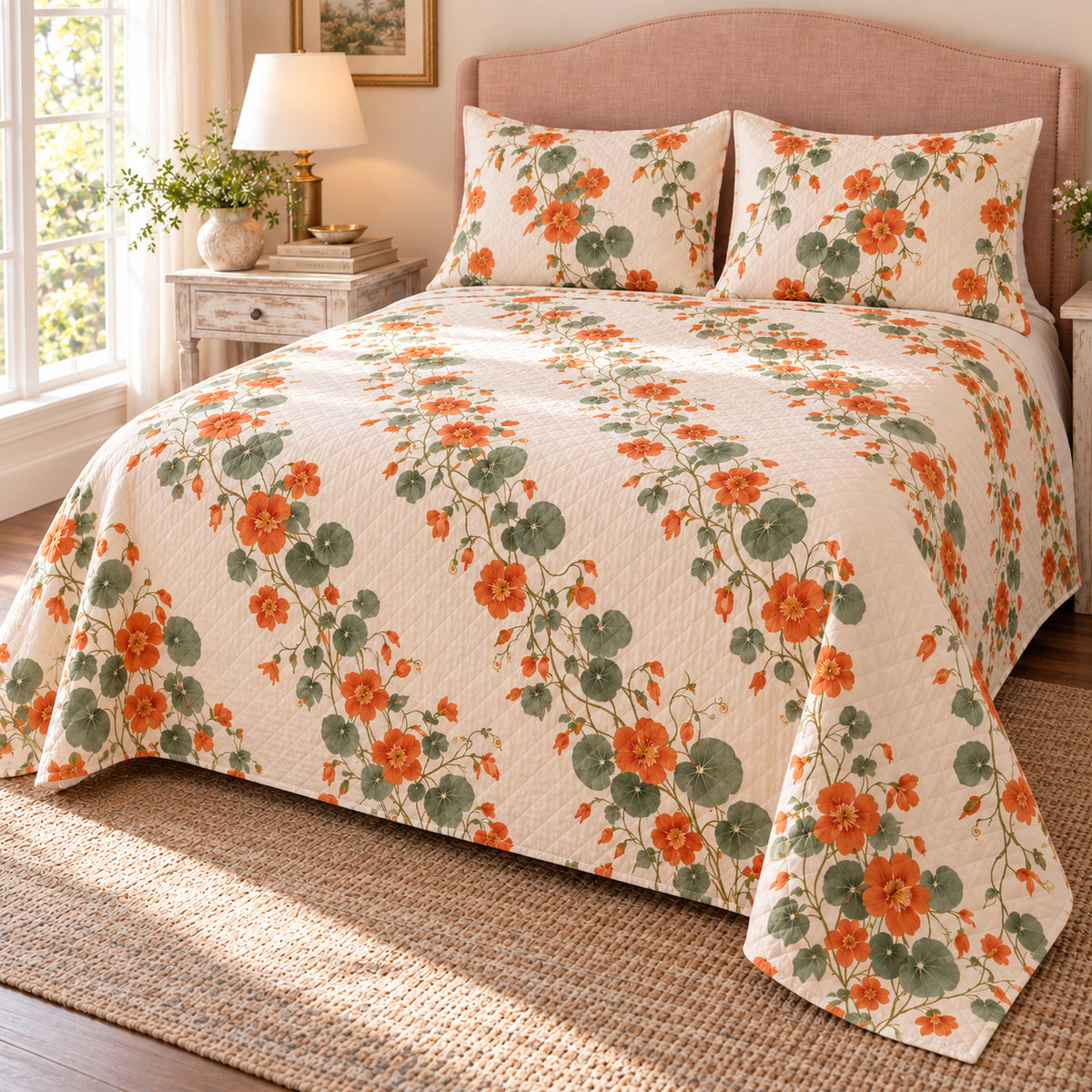 Nasturtium trailing garland quilt set, alternate bedroom view, orange flowers without decorative border and with diamond quilting, AI-generated mockup
