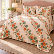 Nasturtium trailing garland quilt set, alternate bedroom view, orange flowers without decorative border and with diamond quilting, AI-generated mockup