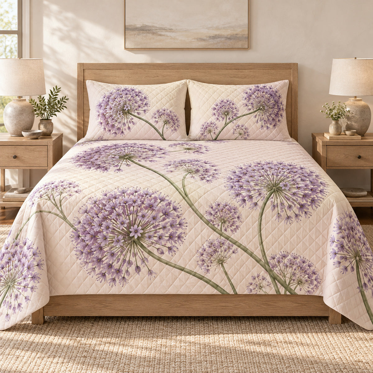 Ornamental allium lavender floral quilt set, front bedroom view, diamond quilting and no decorative border, AI-generated mockup