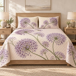 Ornamental Allium Quilt Set, Lavender Floral Bedroom Decor, Gift for Garden Lovers
