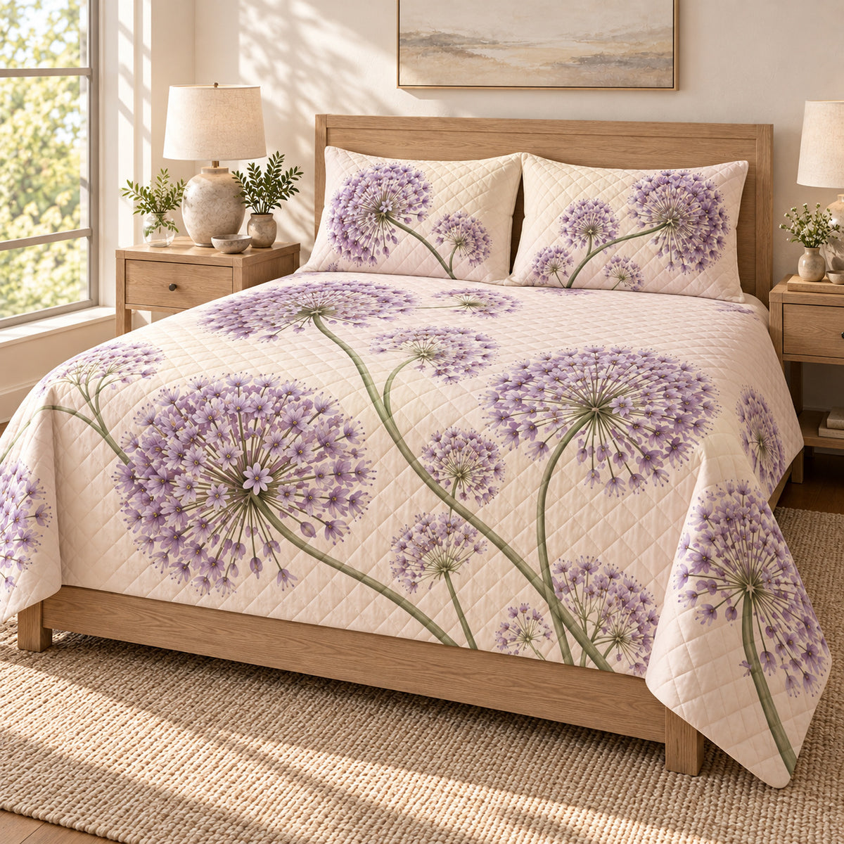 Ornamental allium lavender floral quilt set, left bedroom view, diamond quilting and no decorative border, AI-generated mockup