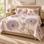 Ornamental allium lavender floral quilt set, left bedroom view, diamond quilting and no decorative border, AI-generated mockup