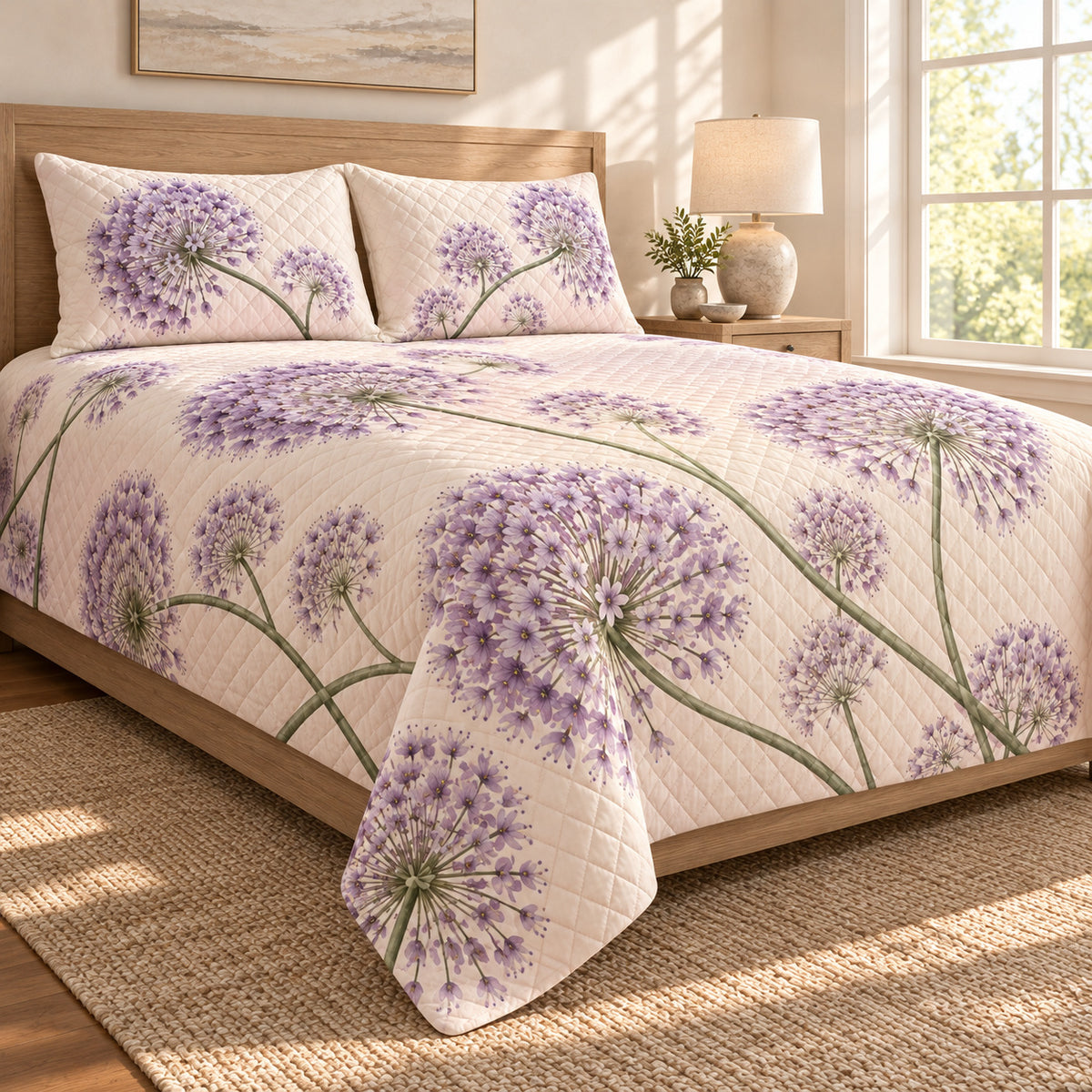 Ornamental allium lavender floral quilt set, right bedroom view, diamond quilting and no decorative border, AI-generated mockup