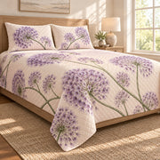 Ornamental allium lavender floral quilt set, right bedroom view, diamond quilting and no decorative border, AI-generated mockup