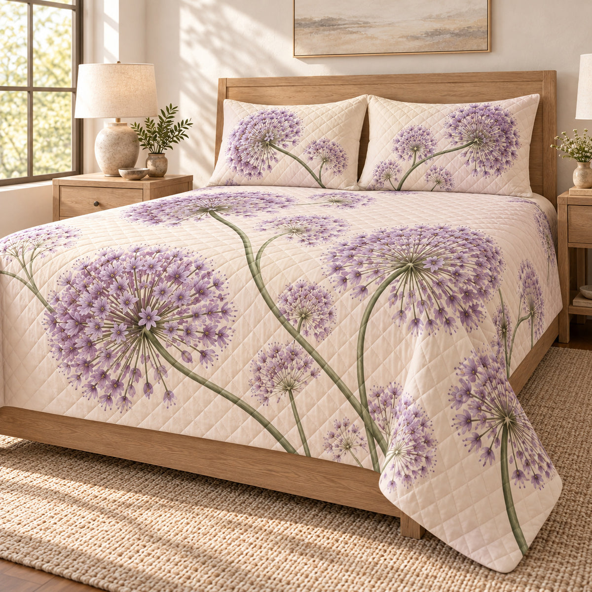 Ornamental allium lavender floral quilt set, alternate bedroom view, diamond quilting and no decorative border, AI-generated mockup