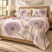 Ornamental allium lavender floral quilt set, alternate bedroom view, diamond quilting and no decorative border, AI-generated mockup