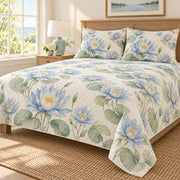 Water lily sea glass blue quilt set, left cottage bedroom view, diamond quilting and no decorative border, AI-generated mockup