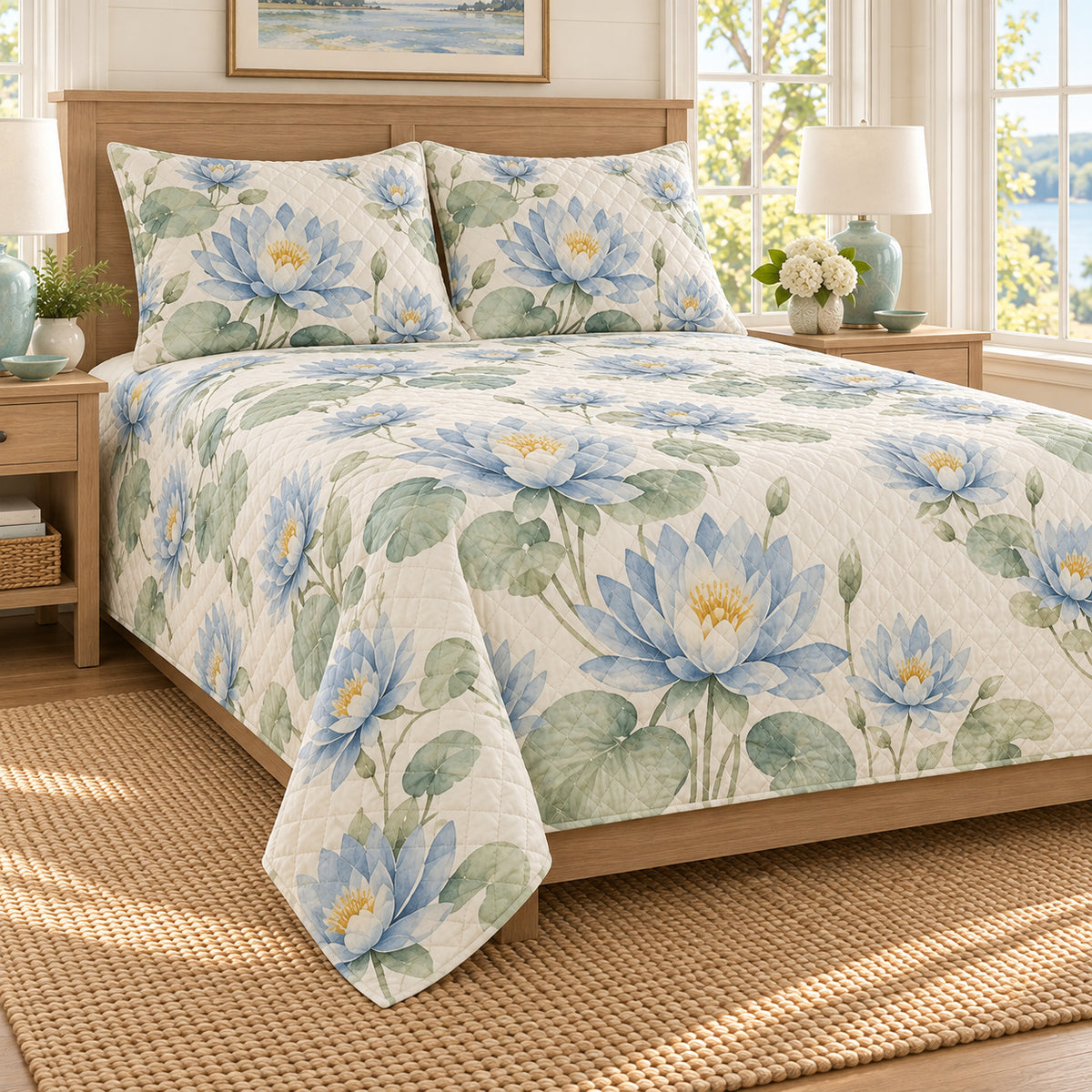 Water lily sea glass blue quilt set, right cottage bedroom view, diamond quilting and no decorative border, AI-generated mockup