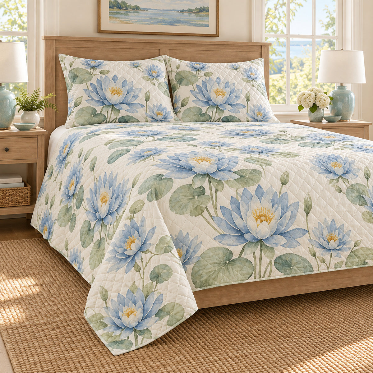 Water lily sea glass blue quilt set, alternate cottage bedroom view, diamond quilting and no decorative border, AI-generated mockup