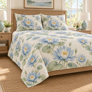 Water lily sea glass blue quilt set, alternate cottage bedroom view, diamond quilting and no decorative border, AI-generated mockup
