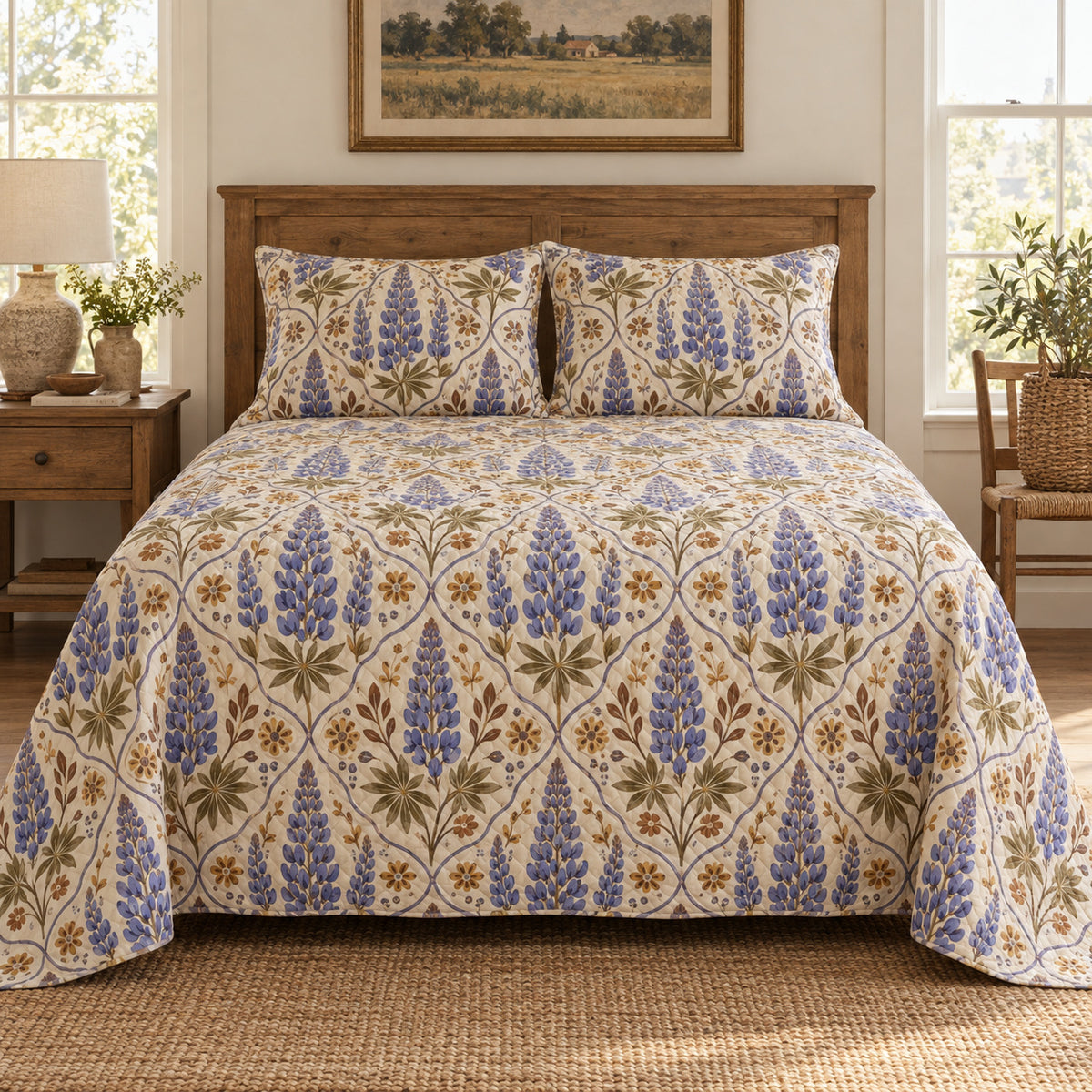 Lupine folk art quilt set, front farmhouse bedroom view with diamond quilting, AI-generated mockup