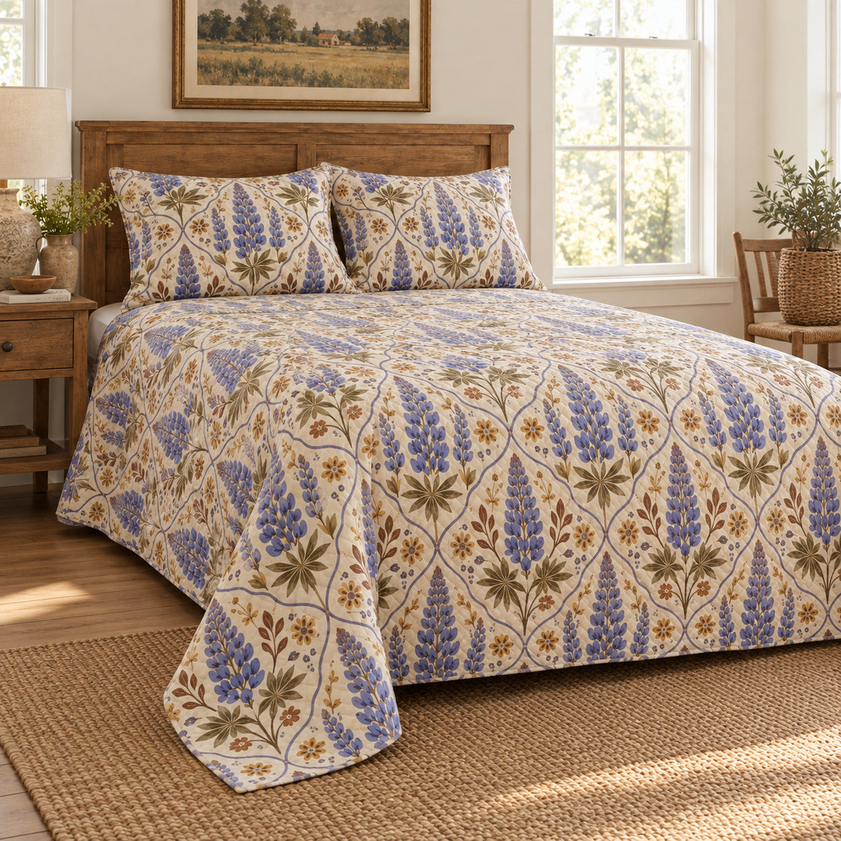 Lupine folk art quilt set, low left farmhouse bedroom view with diamond quilting, AI-generated mockup