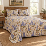 Lupine folk art quilt set, low left farmhouse bedroom view with diamond quilting, AI-generated mockup
