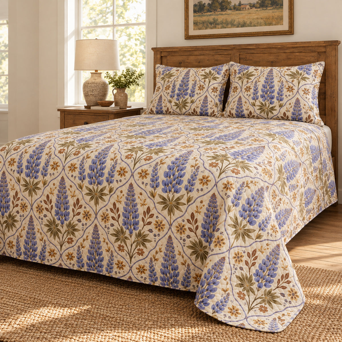 Lupine folk art quilt set, low right farmhouse bedroom view with diamond quilting, AI-generated mockup