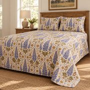 Lupine folk art quilt set, low right farmhouse bedroom view with diamond quilting, AI-generated mockup