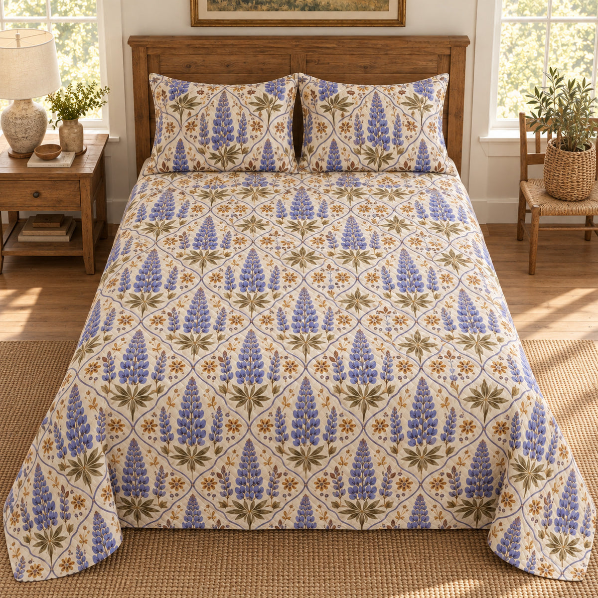 Lupine folk art quilt set, centered elevated direct farmhouse bedroom view with diamond quilting, AI-generated mockup