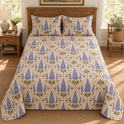 Lupine folk art quilt set, centered elevated direct farmhouse bedroom view with diamond quilting, AI-generated mockup