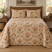 Mariposa lily folk art quilt set, front farmhouse bedroom view with diamond quilting, AI-generated mockup