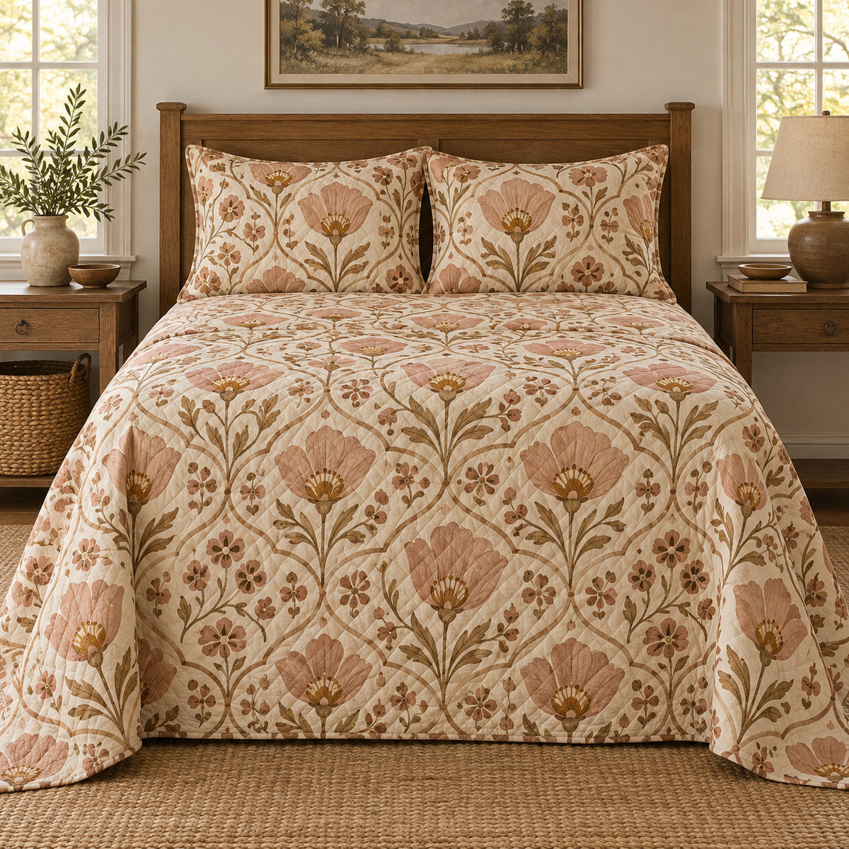 Mariposa lily folk art quilt set, front farmhouse bedroom view with diamond quilting, AI-generated mockup