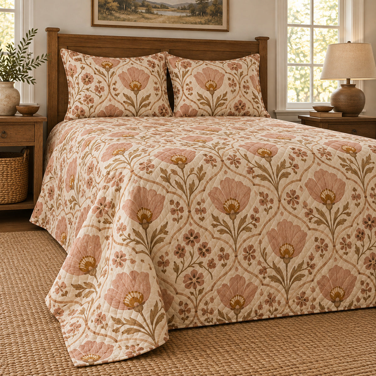 Mariposa lily folk art quilt set, low left farmhouse bedroom view with diamond quilting, AI-generated mockup