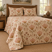 Mariposa lily folk art quilt set, low left farmhouse bedroom view with diamond quilting, AI-generated mockup
