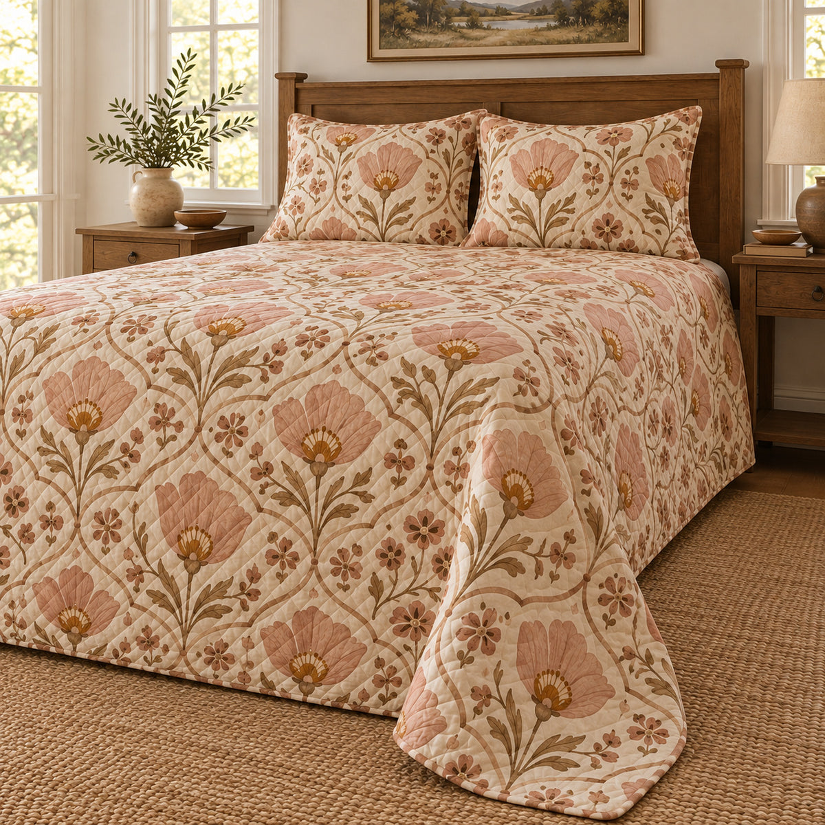 Mariposa lily folk art quilt set, low right farmhouse bedroom view with diamond quilting, AI-generated mockup