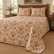 Mariposa lily folk art quilt set, low right farmhouse bedroom view with diamond quilting, AI-generated mockup
