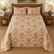 Mariposa lily folk art quilt set, centered elevated direct farmhouse bedroom view with diamond quilting, AI-generated mockup