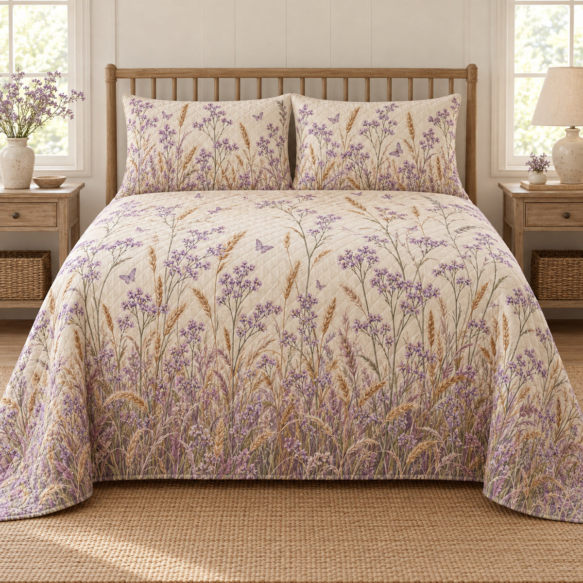 Sea lavender wild meadow quilt set, front country bedroom view with diamond quilting, AI-generated mockup